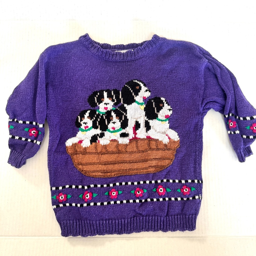 Vintage 1980s Hartstrings Purple Sweater Puppies in a Basket Design girls sz 3T